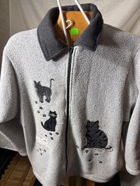 Bon Worth Gray Cat Embroidered Zip Sweater